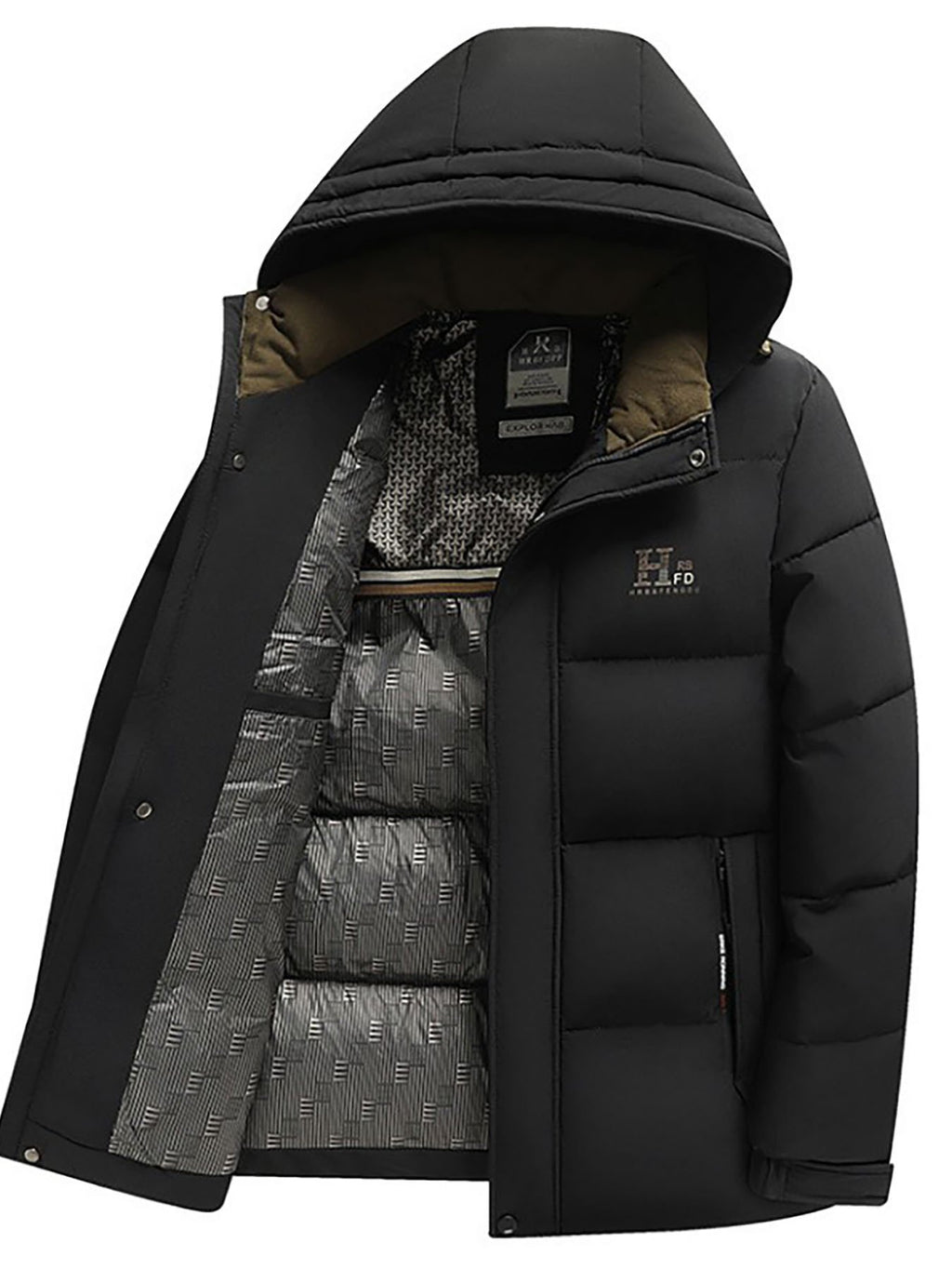 Pocket detail on the men's detachable hood winter coat