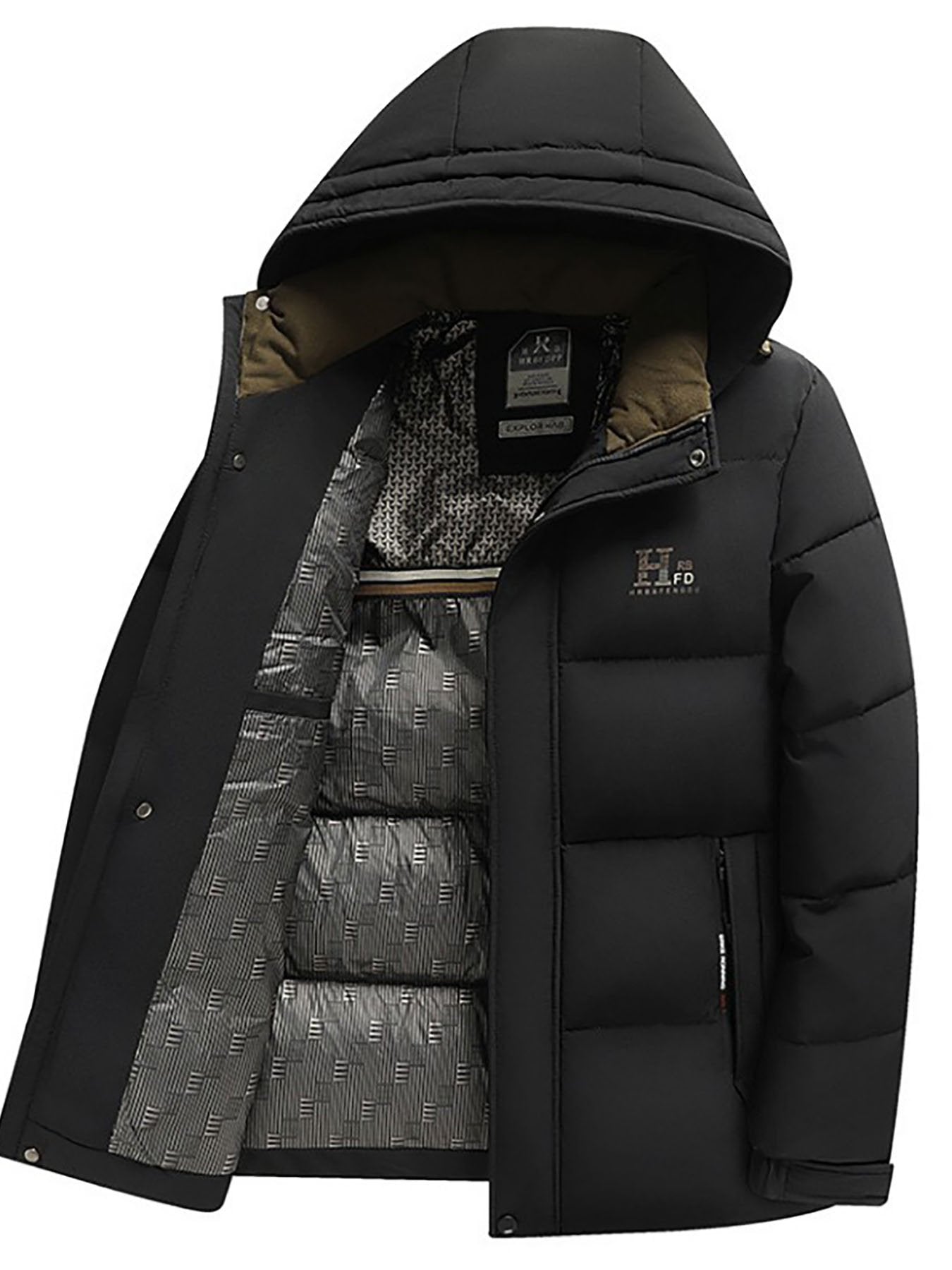 Pocket detail on the men's detachable hood winter coat