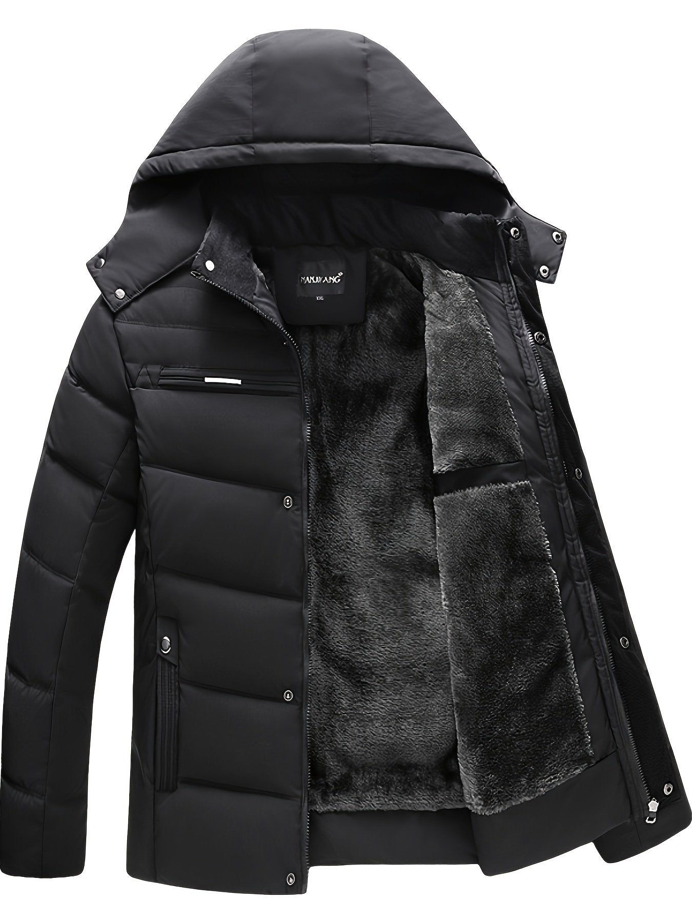 Men's fleece-lined hooded coat styled with jeans for cold weather