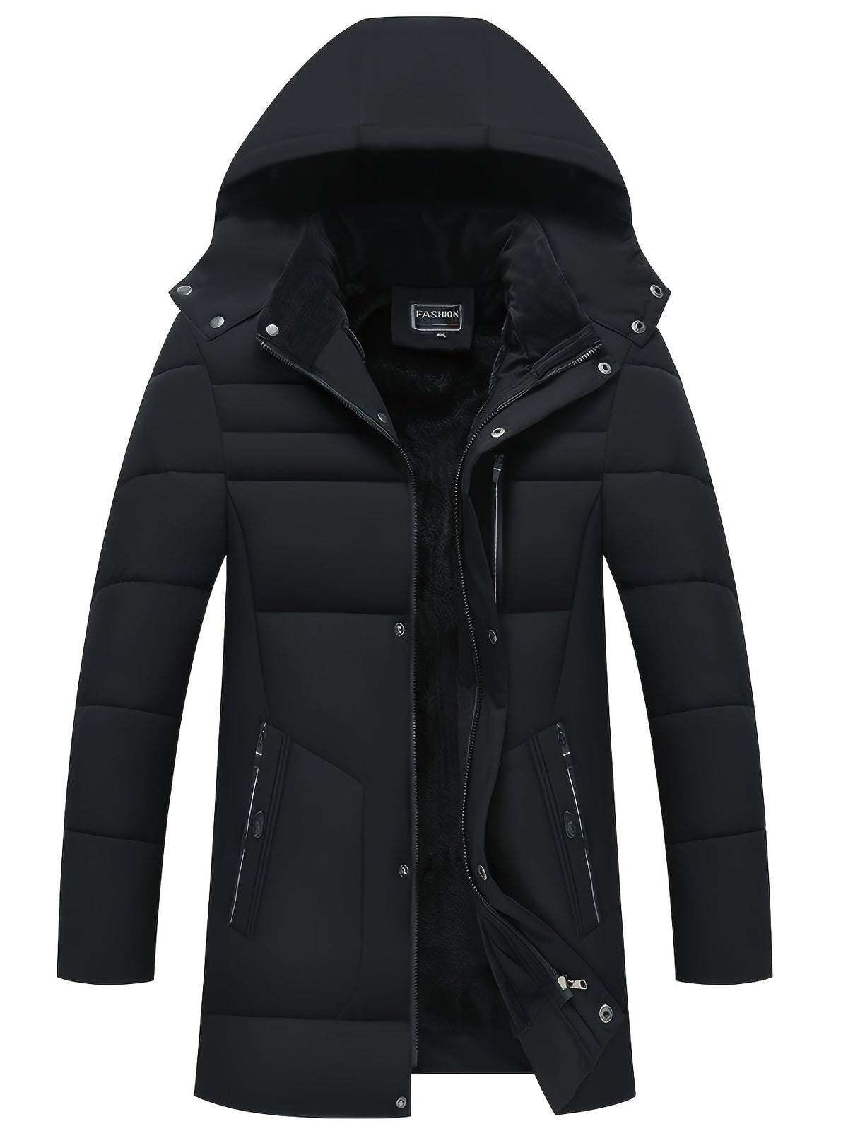 Men's mid-length fleece-lined jacket styled with jeans for cold weather
