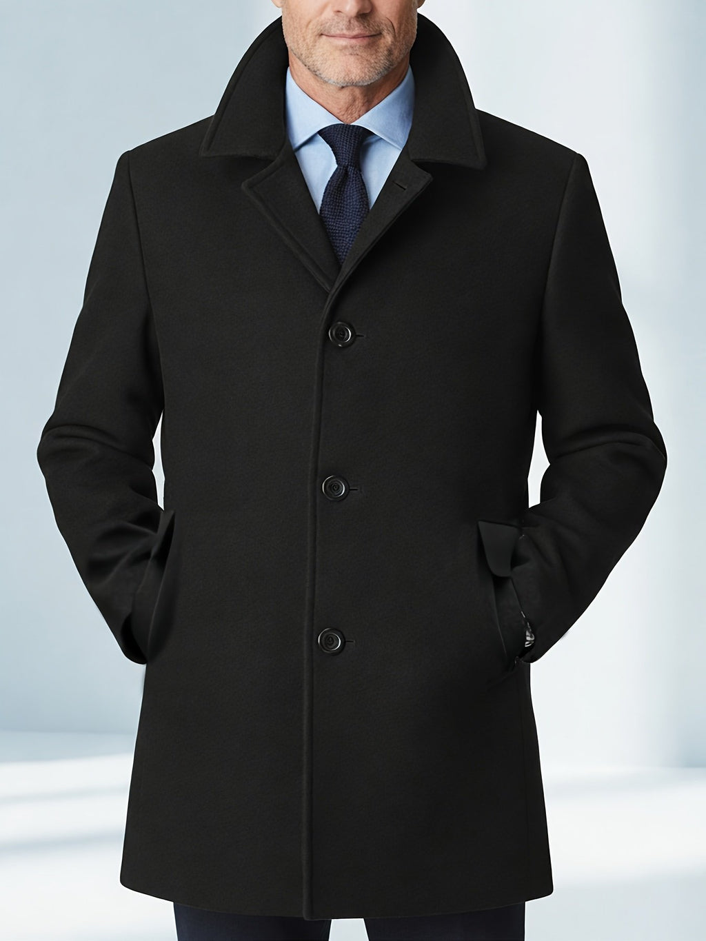 Pocket detail on the men's black trench coat