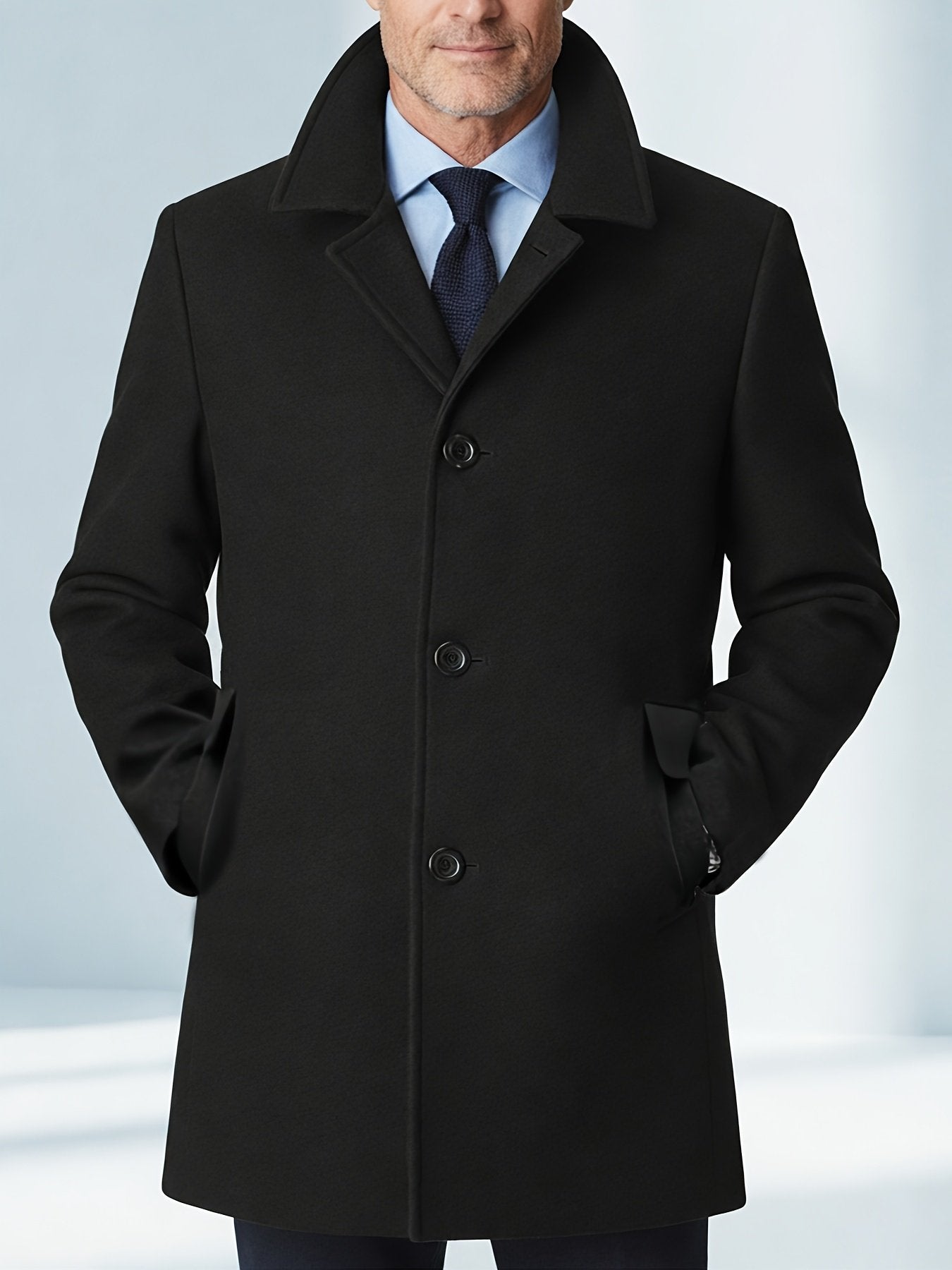 Pocket detail on the men's black trench coat