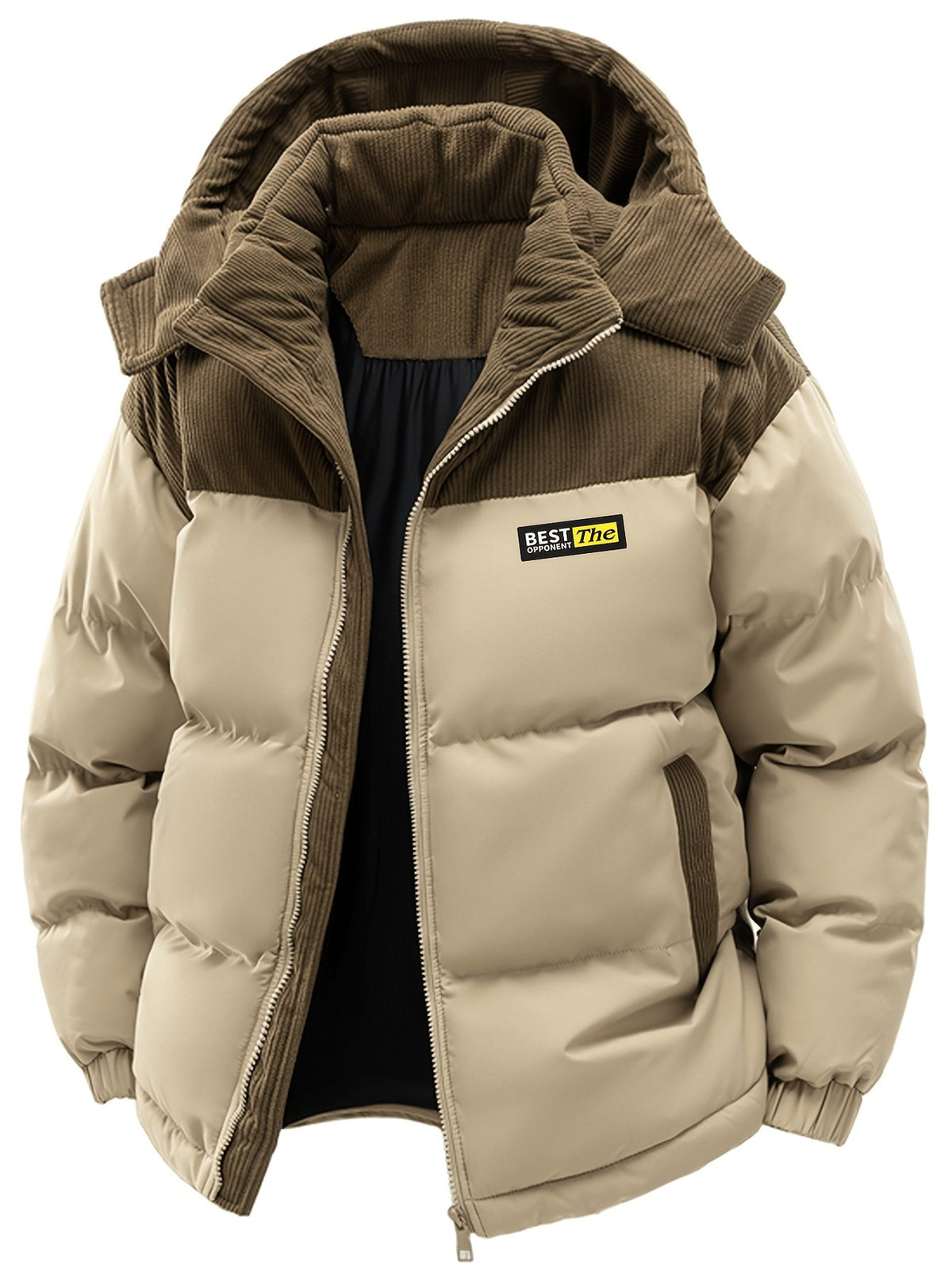 Pocket detail on the men's patchwork hooded coat