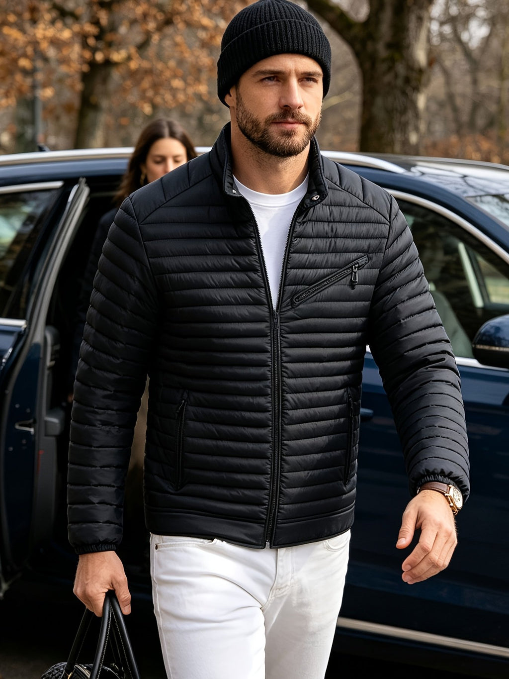 Pocket detail on the men's padded biker jacket
