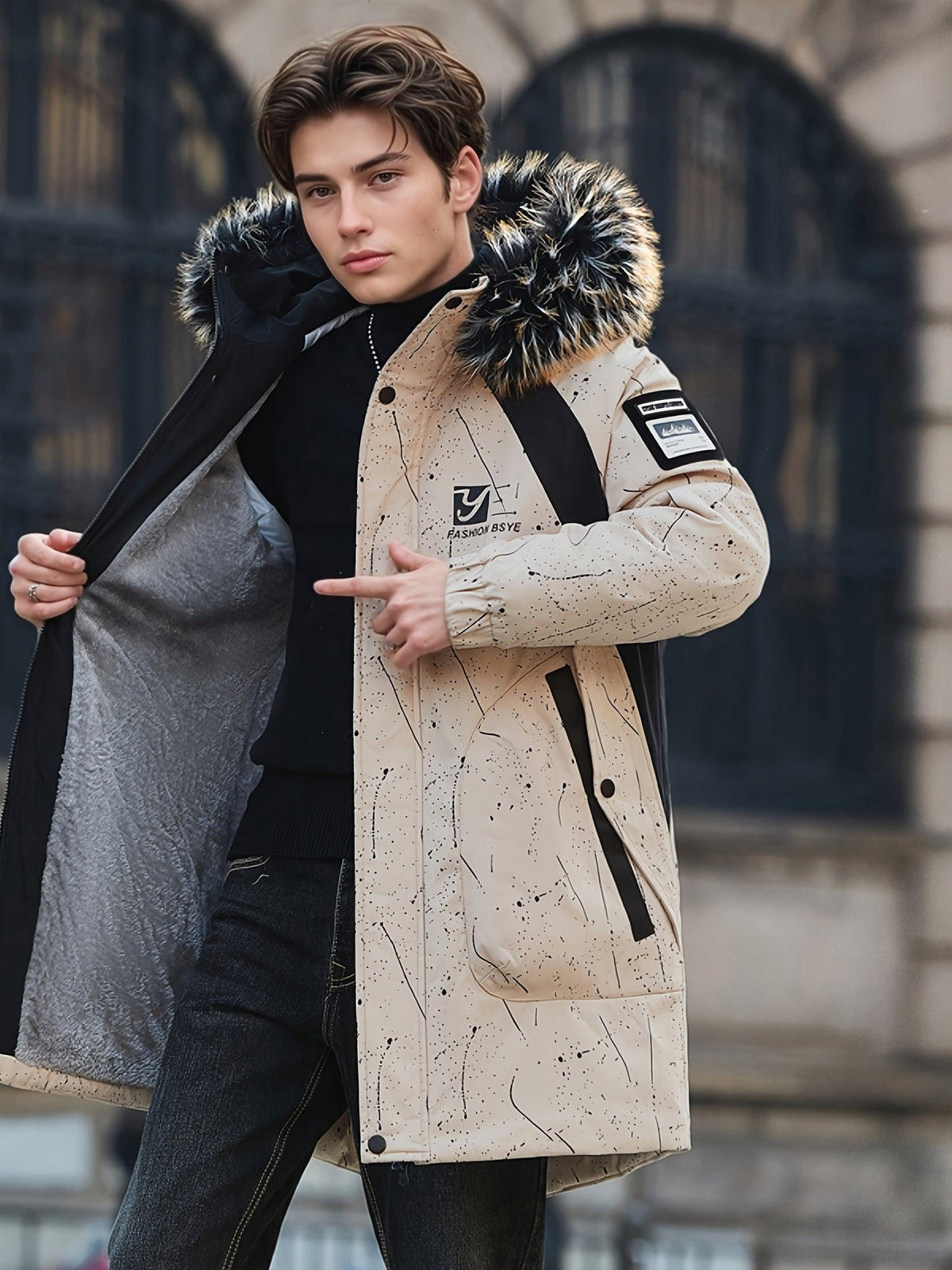 Pocket detail on the men's mid-length fleece coat