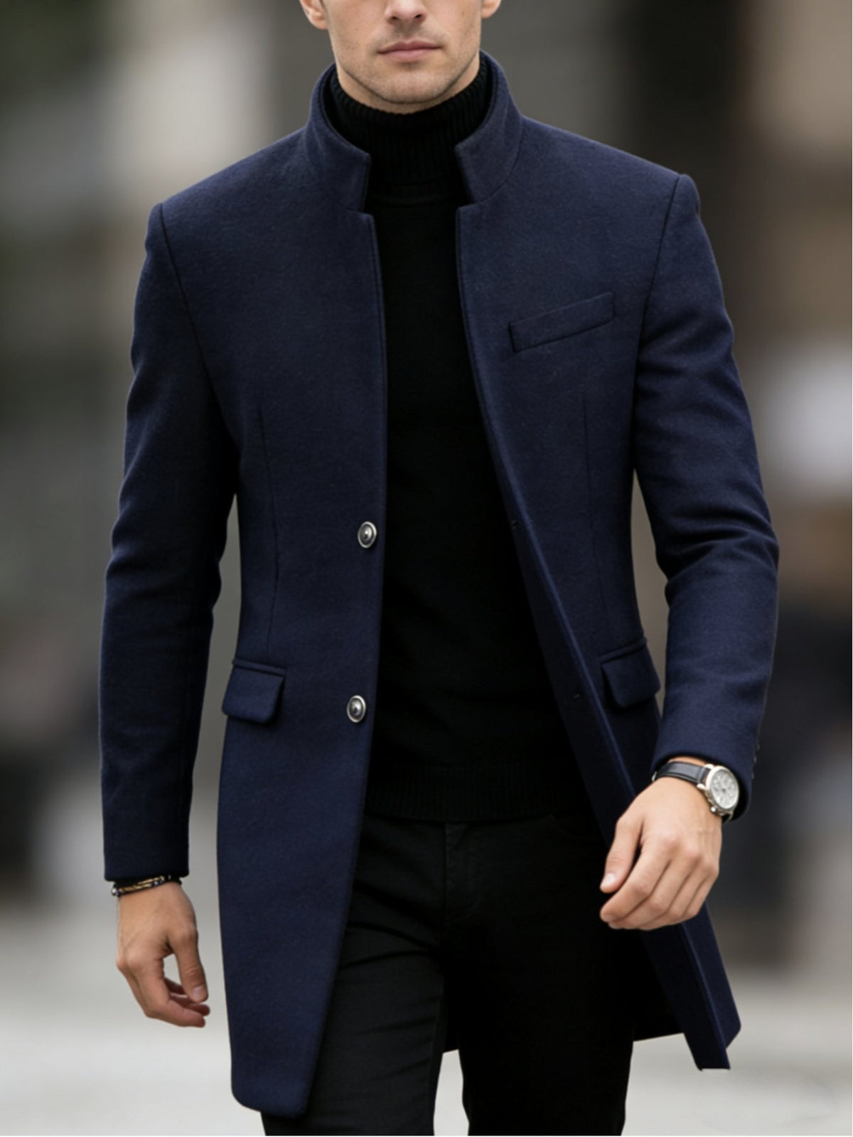 Cuff and sleeve detail of the men's stand collar overcoat