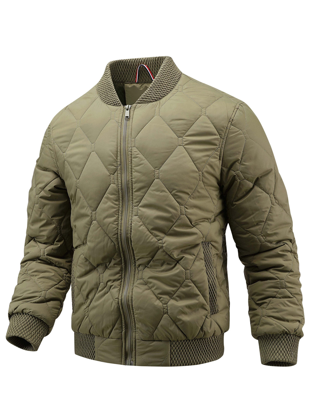 Men's quilted padded bomber jacket shown at an angle