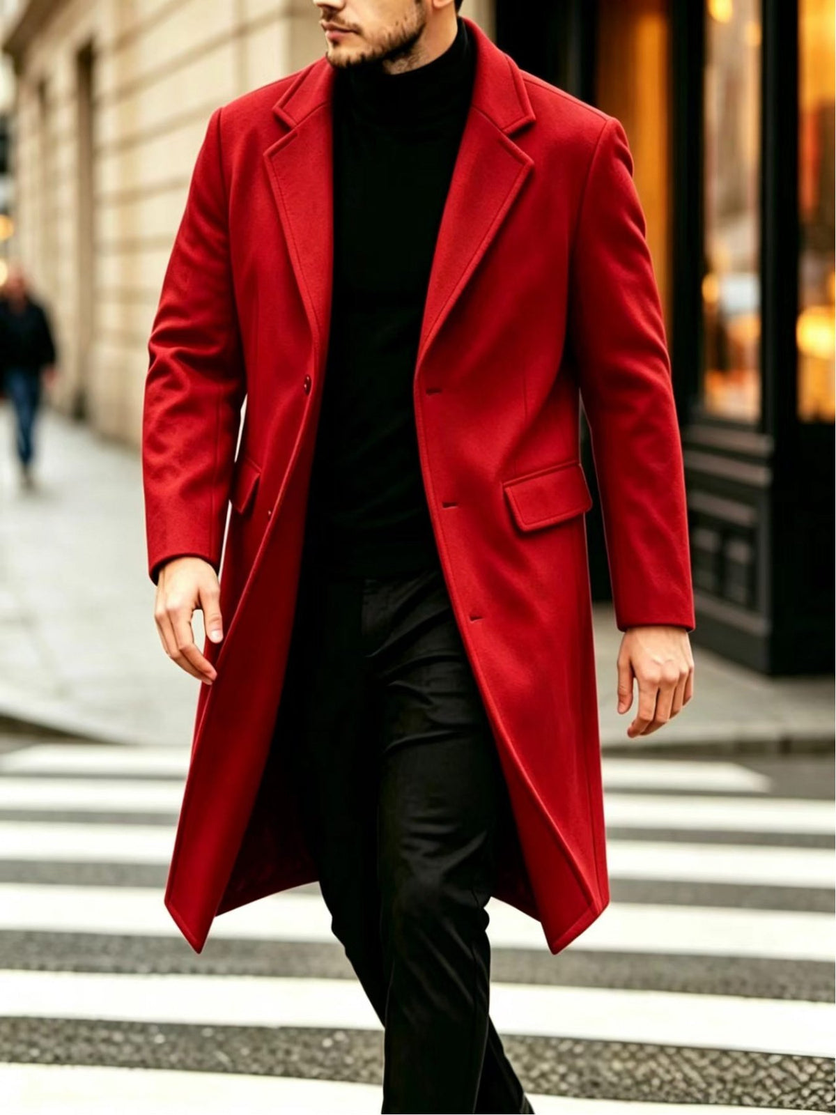 Men's long business trench coat shown at an angle
