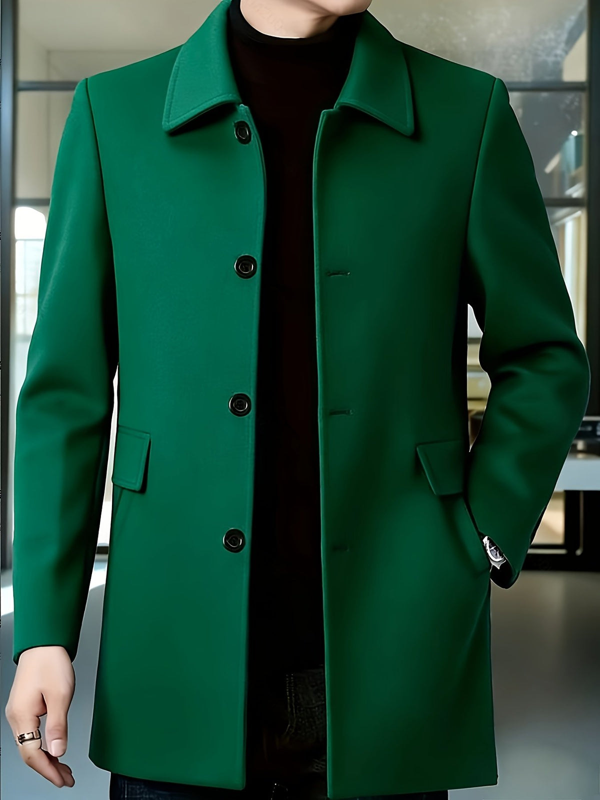 Men's single-breasted overcoat shown at an angle
