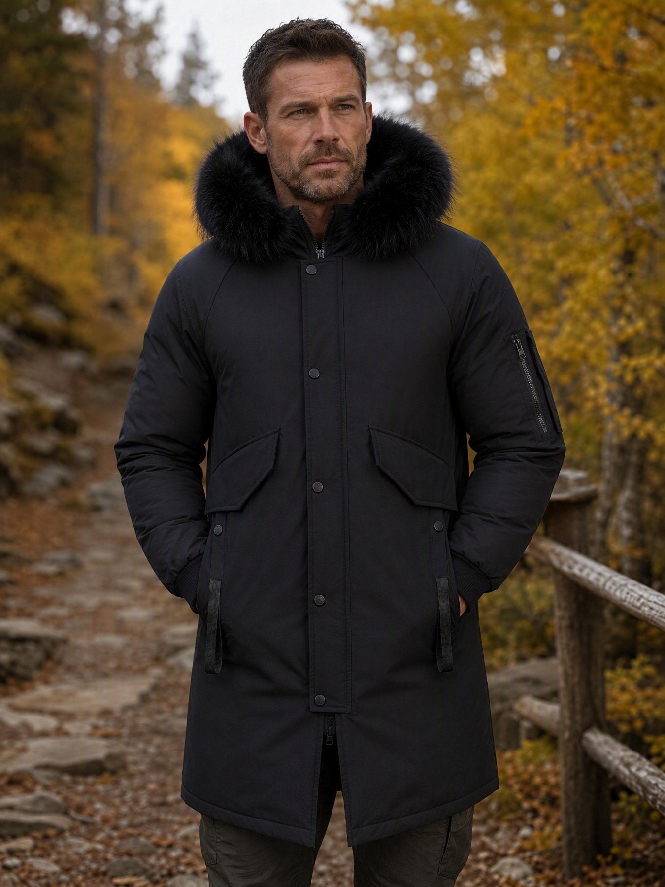Men's mid-length duck down coat shown from the front for winter