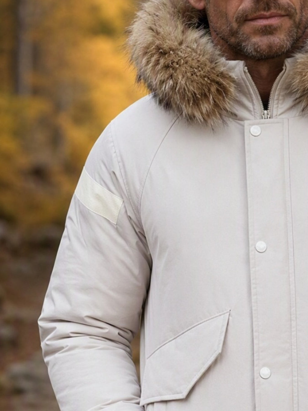Close-up of the men's mid-length duck down coat fabric and stitching