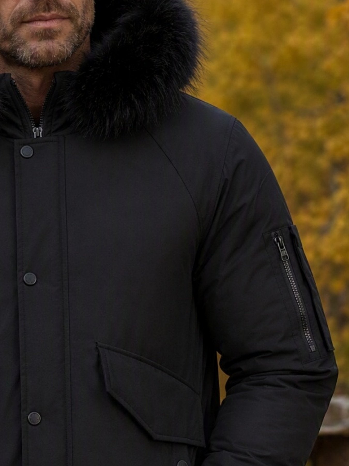 Collar and fastening detail of the men's mid-length duck down coat