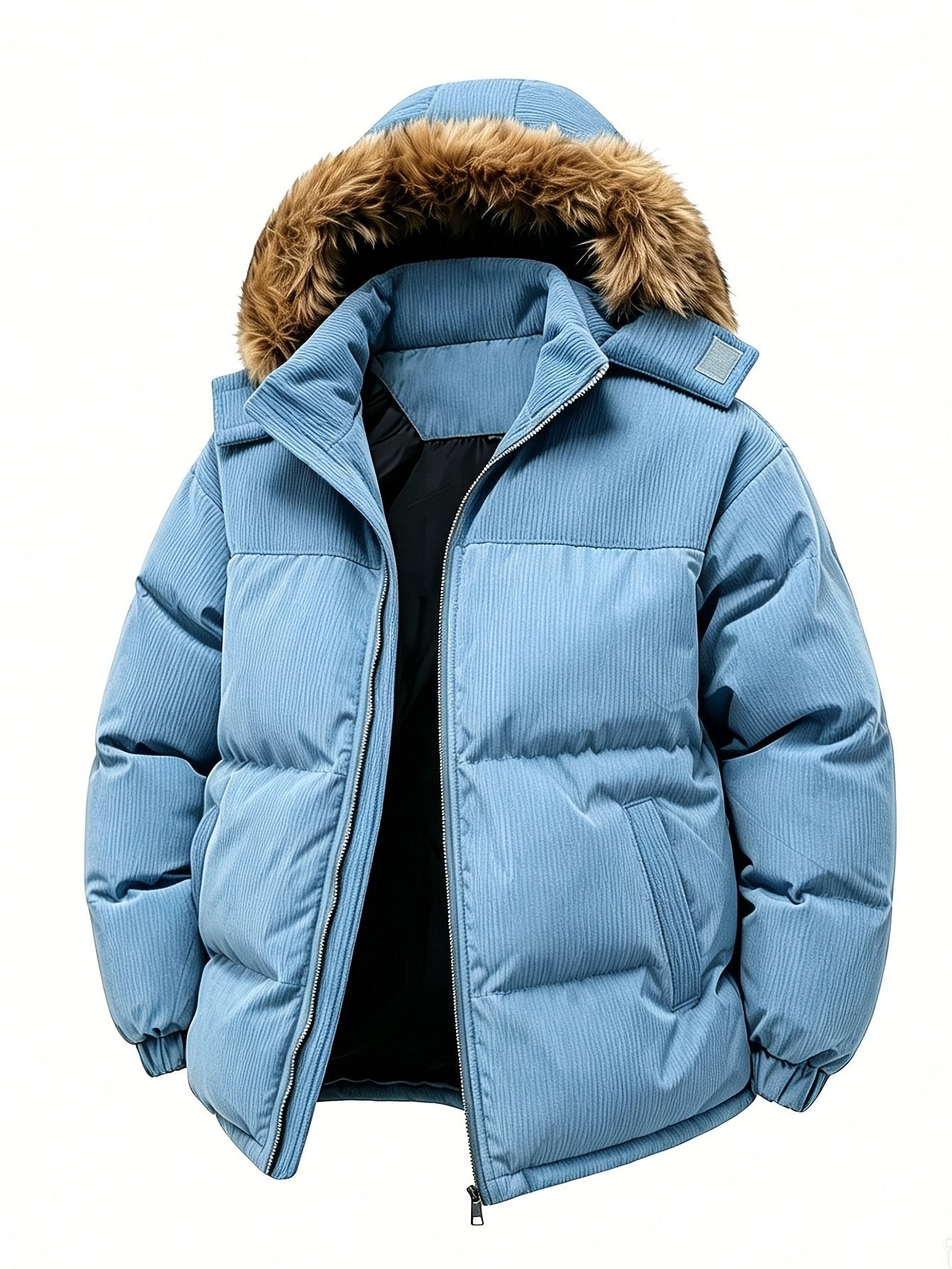 Side view of the men's corduroy padded coat showing the fit