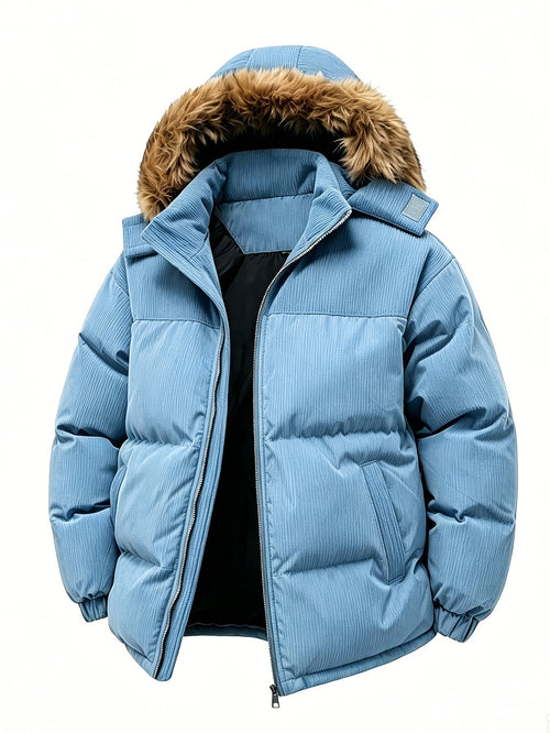Side view of the men's corduroy padded coat showing the fit