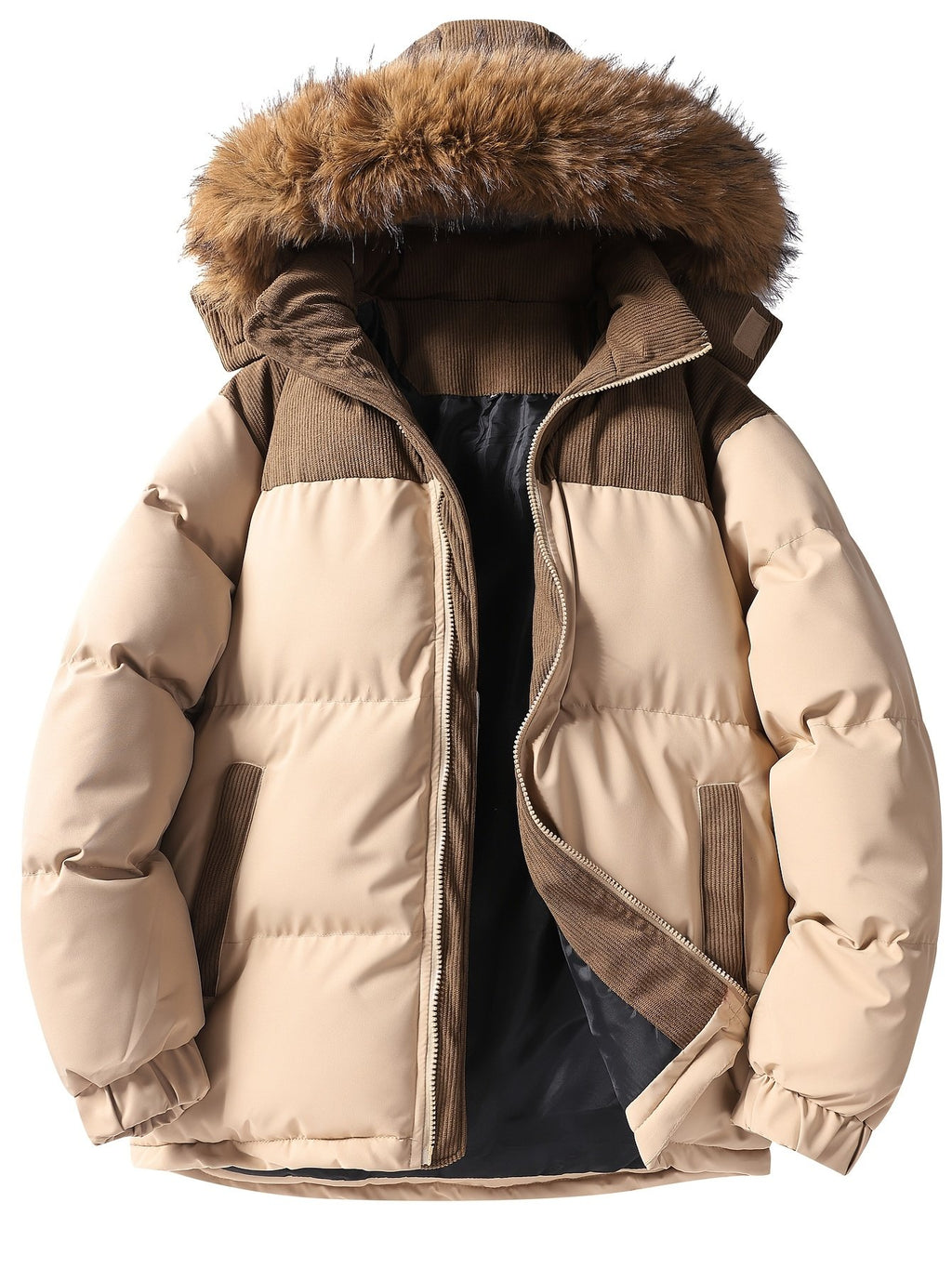 Close-up of the men's corduroy padded coat fabric and stitching