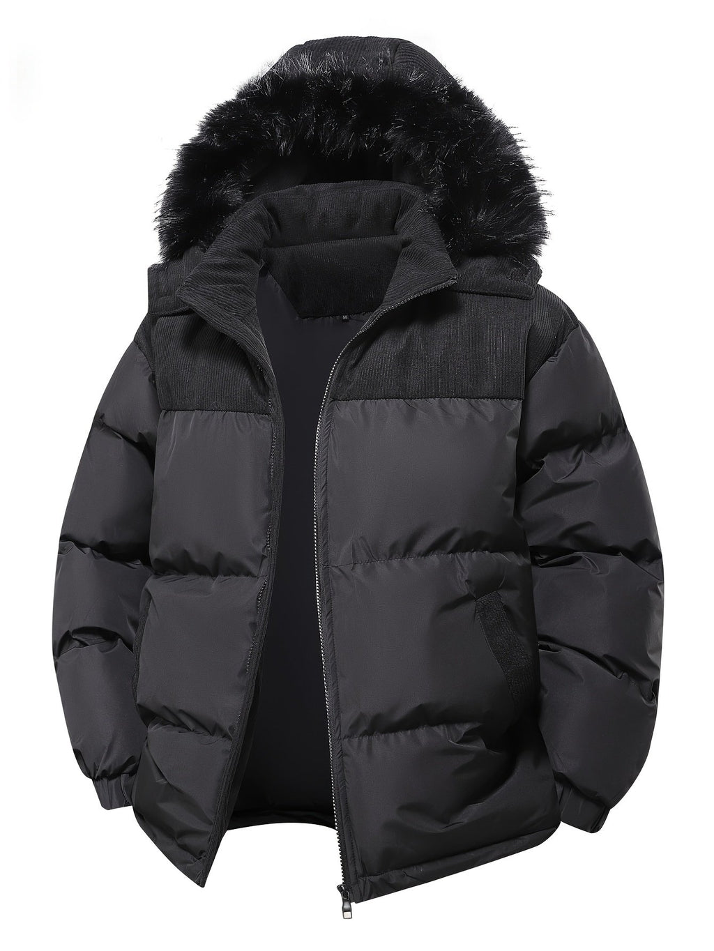 Men's corduroy padded coat styled with jeans for cold weather