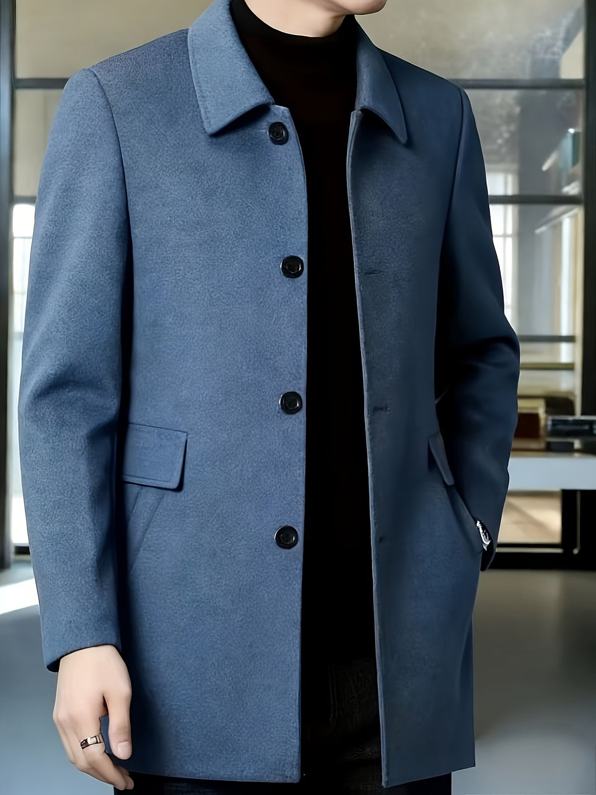 Men's single-breasted overcoat shown from the front for winter