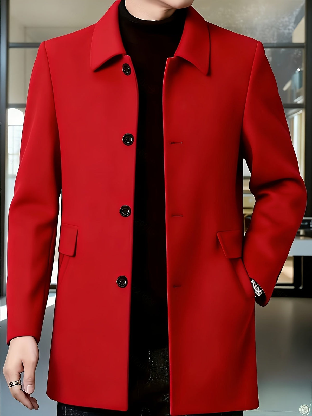 Side view of the men's single-breasted overcoat showing the fit