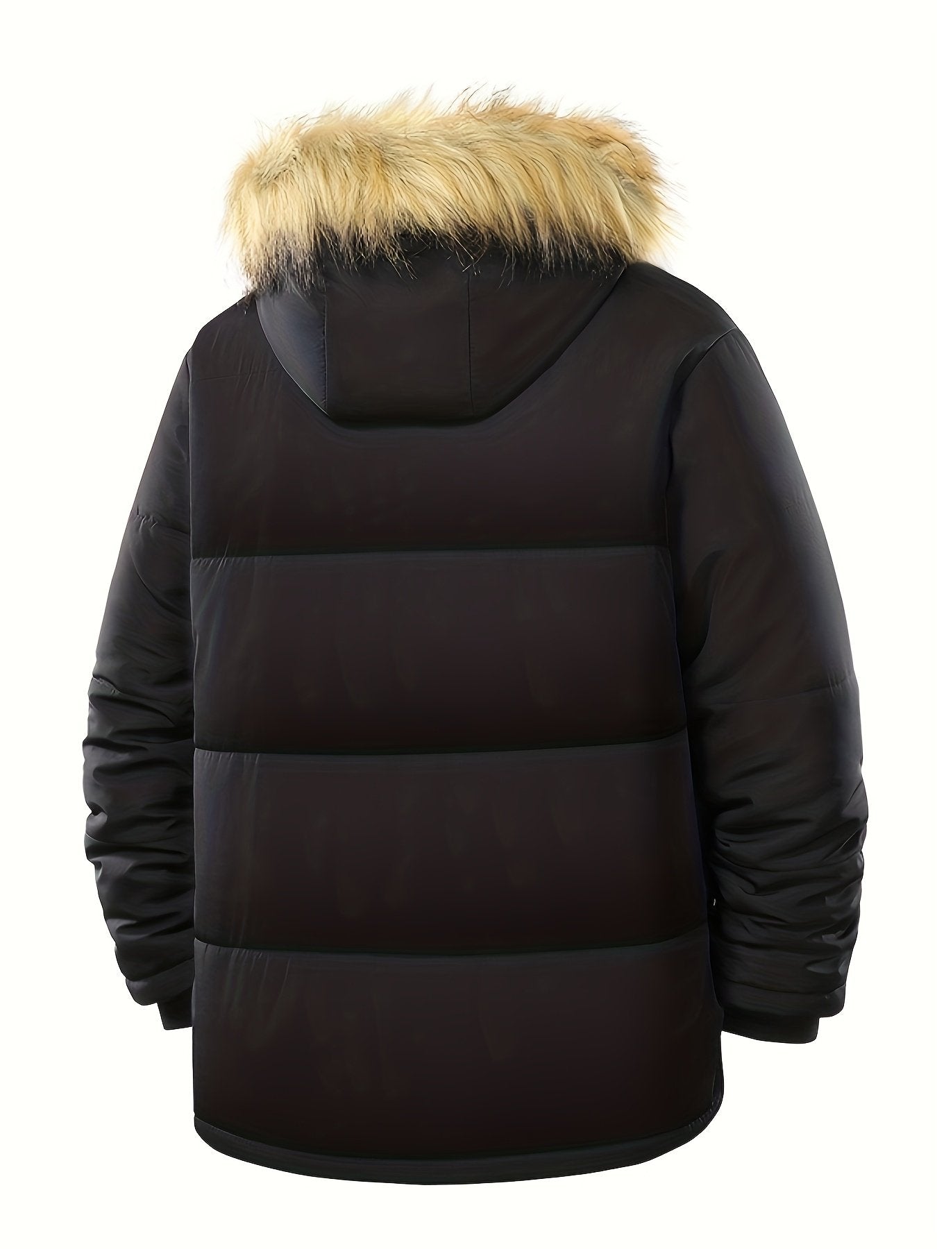 Men's fleece-lined padded coat styled with jeans for cold weather