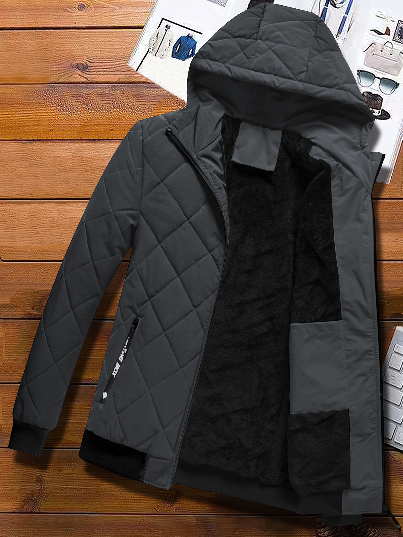 Men's padded hooded winter coat in solid colour with warm lining, full-zip front - front view