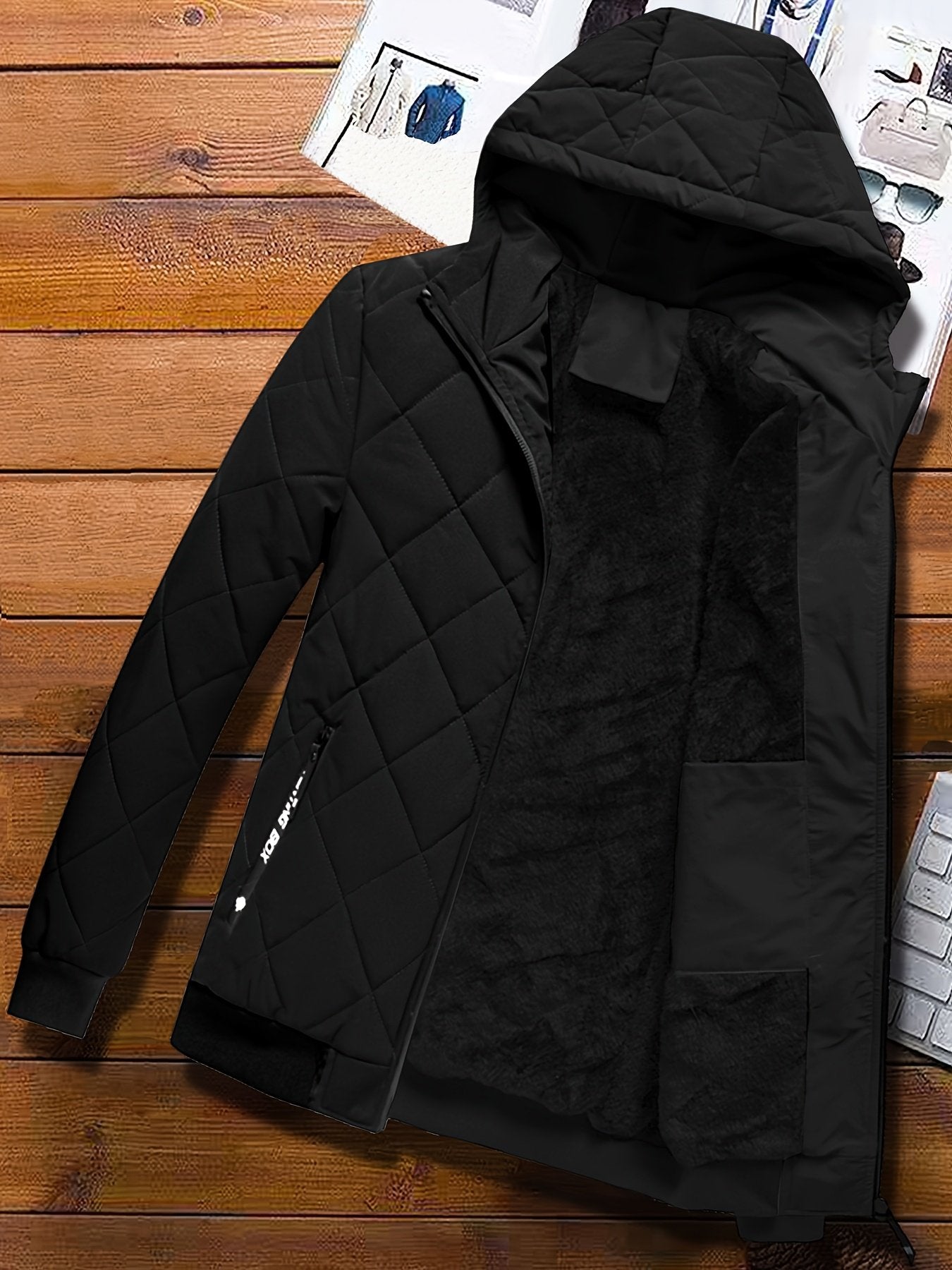 Solid-colour men's padded hooded coat, thick insulation for cold winters - back view