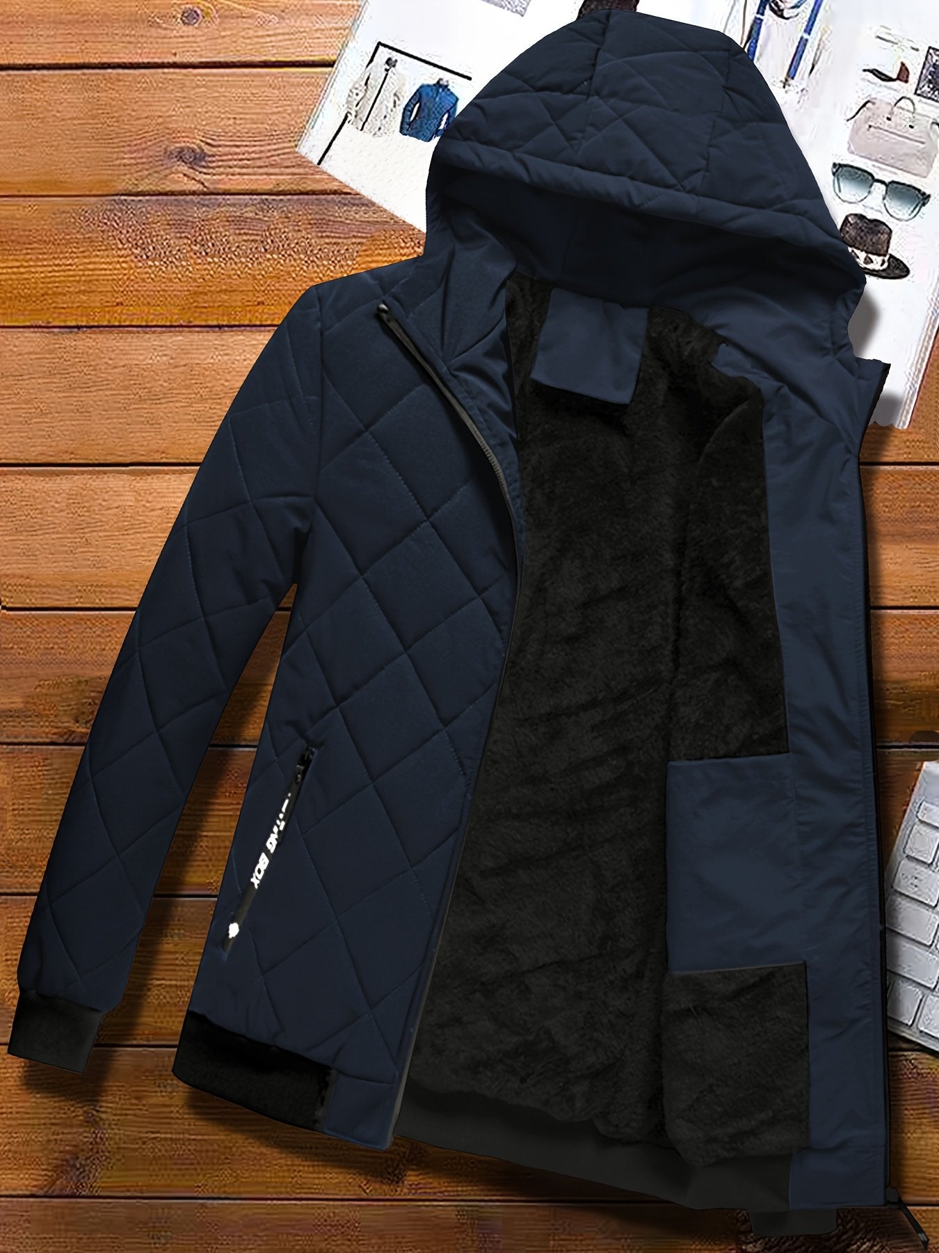 Men's hooded padded winter coat with warm quilted lining, outdoor cold-weather jacket - detail view