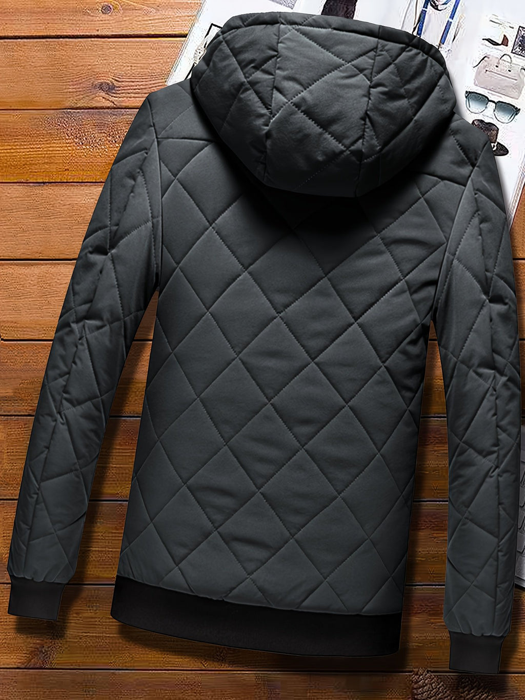 Warm-lined men's padded winter coat with adjustable hood and full-zip front - close-up