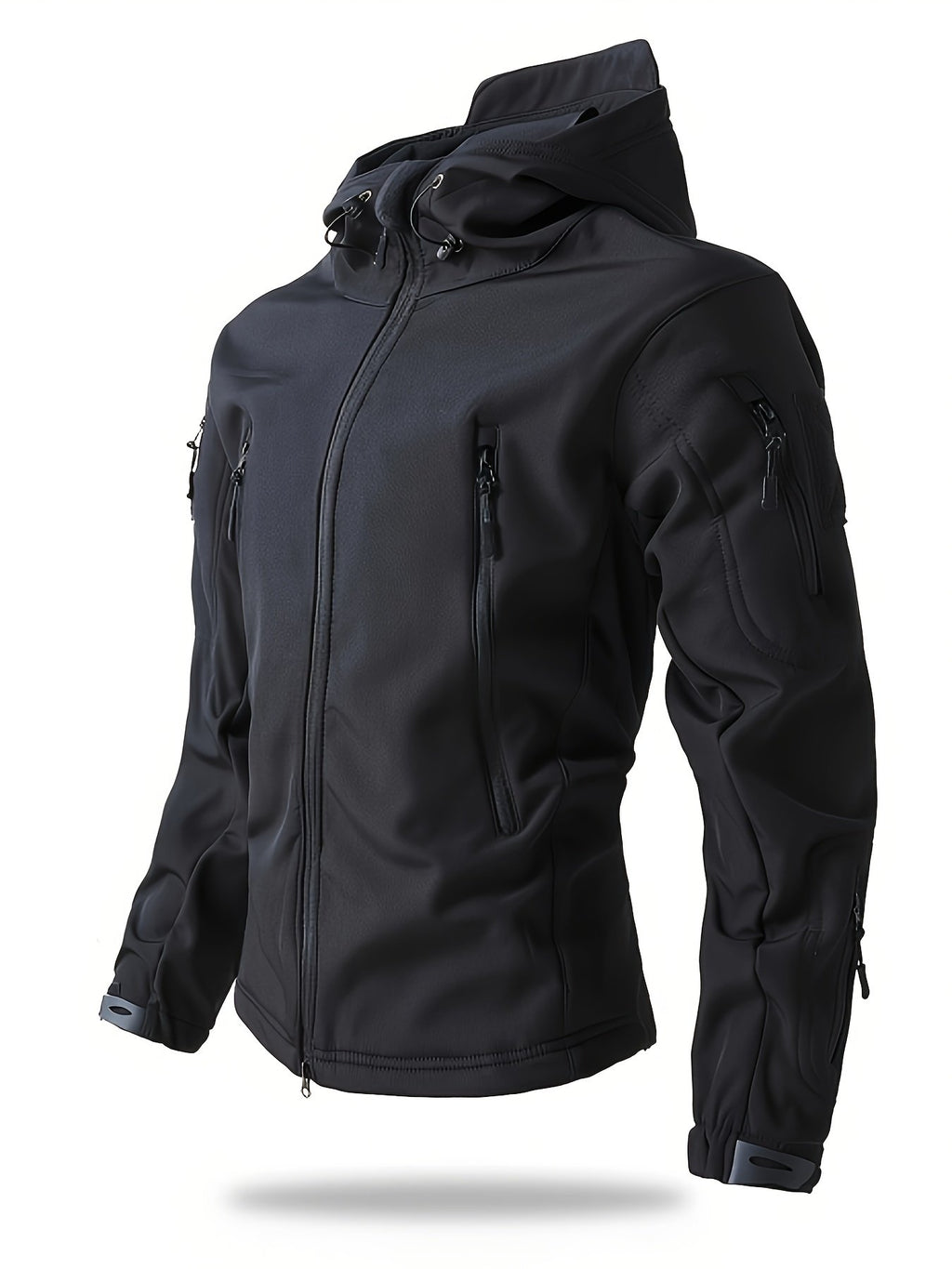 Close-up of the men's softshell hooded jacket fabric and stitching
