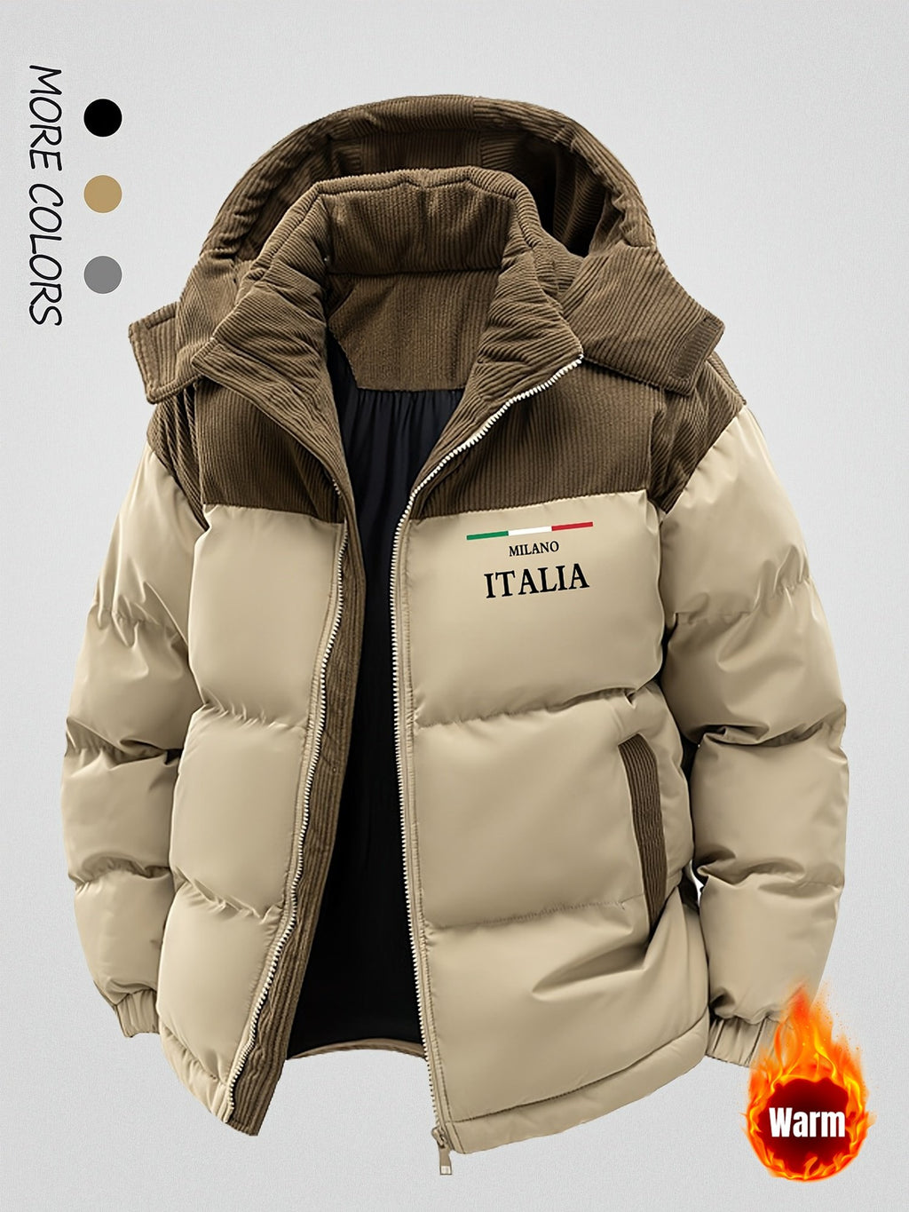 Men's spliced hooded coat shown from the front for winter