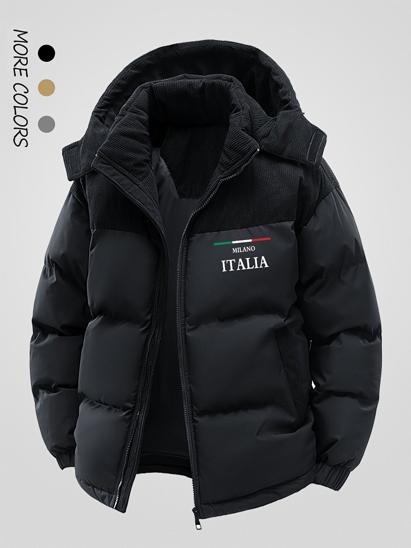 Side view of the men's spliced hooded coat showing the fit