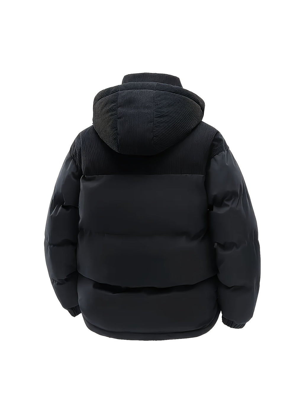 Close-up of the men's spliced hooded coat fabric and stitching