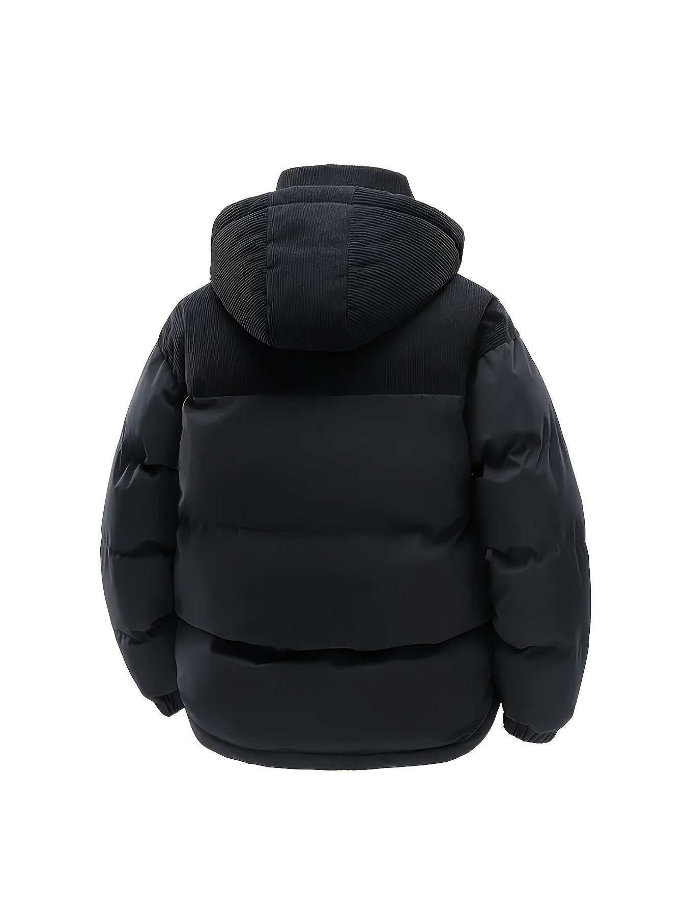 Close-up of the men's spliced hooded coat fabric and stitching