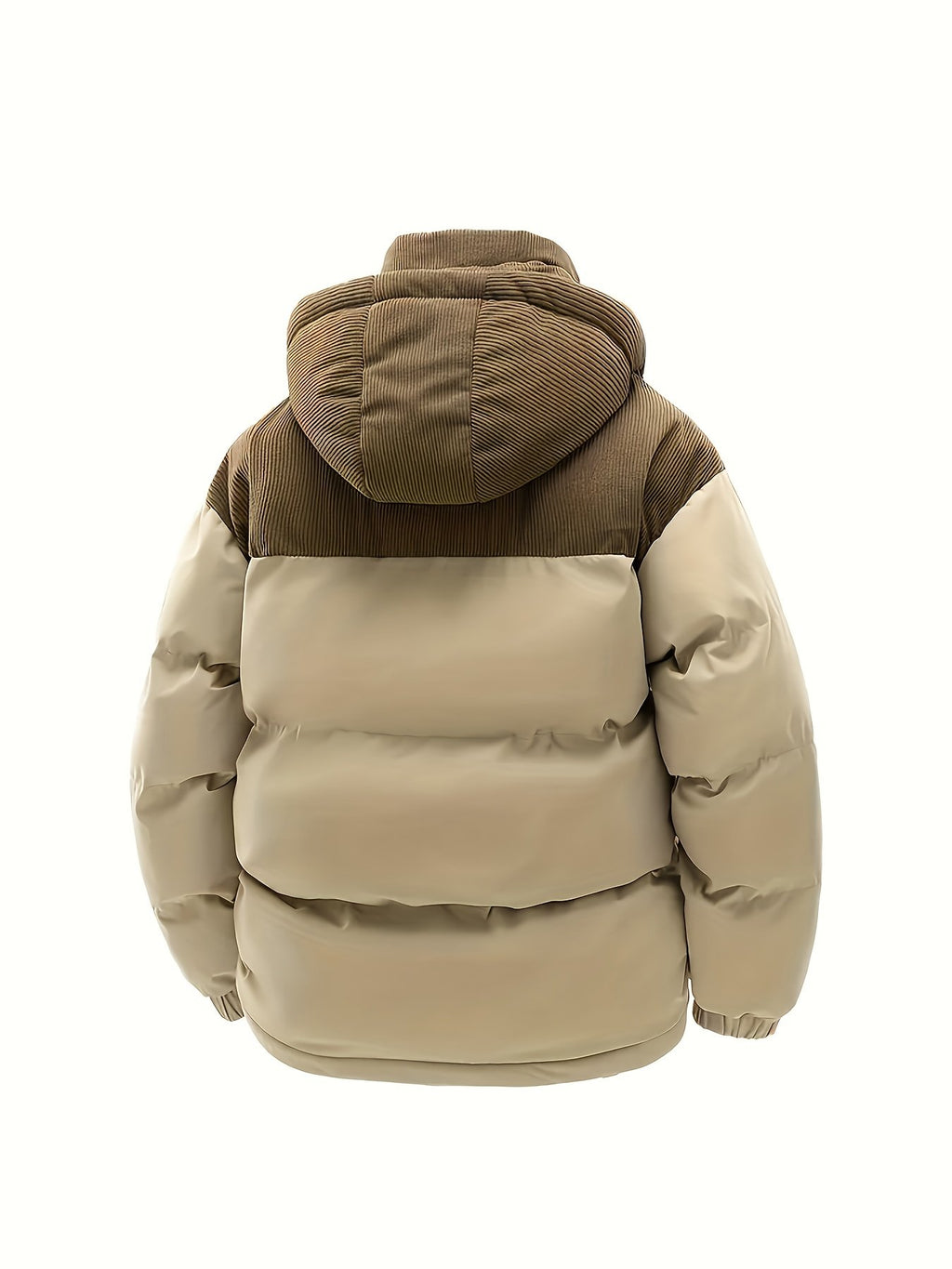 Collar and fastening detail of the men's spliced hooded coat